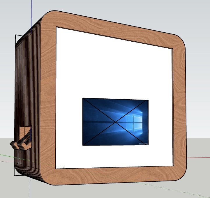 Een 3D-ontwerp van de booth: een houten kast met afgeronde hoeken en een scherm